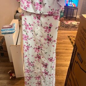 Pink Lily Floral Maxi Dress - Pink and White